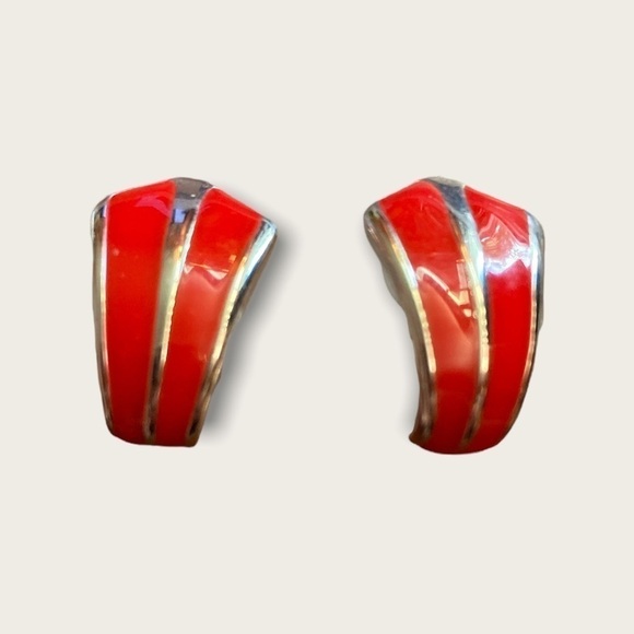 Vintage Red Enamel and Silver Toned Necklace and Earring Set (1980s - 1990s) - Picture 1 of 2
